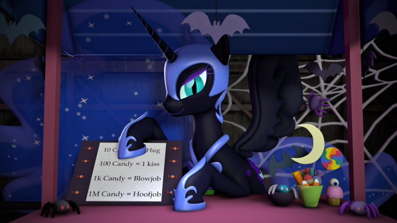 Size: 1920x1080 | Tagged: suggestive, artist:montaraz13, derpibooru import, nightmare moon, princess luna, alicorn, pony, spider, g4, 3d, candy, cupcake, food, image, lollipop, looking at you, mlp fim's fourteenth anniversary, nightmare night, png, smiling, smiling at you, solo, source filmmaker, spider web