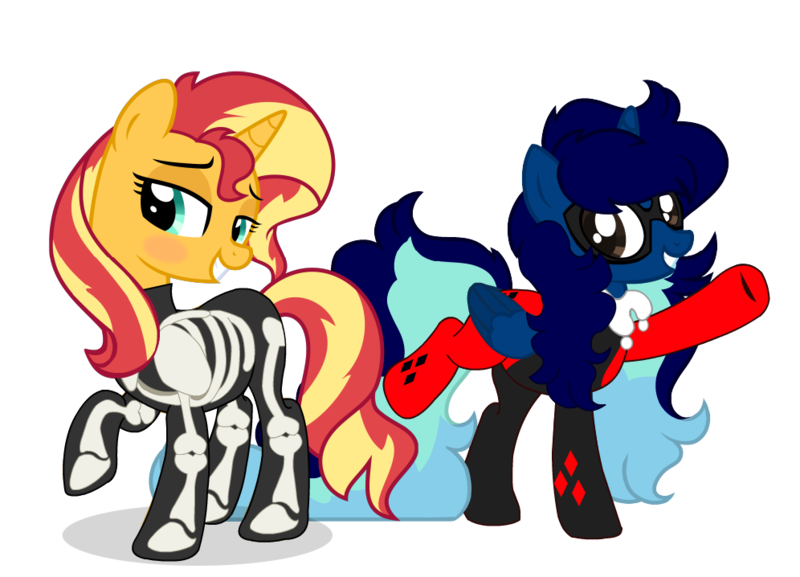 Size: 996x718 | Tagged: safe, artist:calibykitty, artist:darktailsko, artist:n0kkun, derpibooru import, oc, oc:midnight specter, alicorn, pony, unicorn, alicorn oc, bedroom eyes, blushing, bone, clothes, cosplay, costume, dc comics, duo, duo female, female, grin, halloween, harley quinn, holiday, horn, image, jester, mare, mask, mlp fim's fourteenth anniversary, nightmare night, png, raised hoof, raised leg, simple background, skeleton, skeleton costume, smiling, transparent background, wings