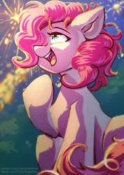 Size: 724x1024 | Tagged: safe, artist:chaosangeldesu, derpibooru import, pinkie pie, earth pony, pony, cute, female, fireworks, hair over one eye, happy, image, jpeg, mare, open mouth, open smile, raised leg, sitting, smiling, solo