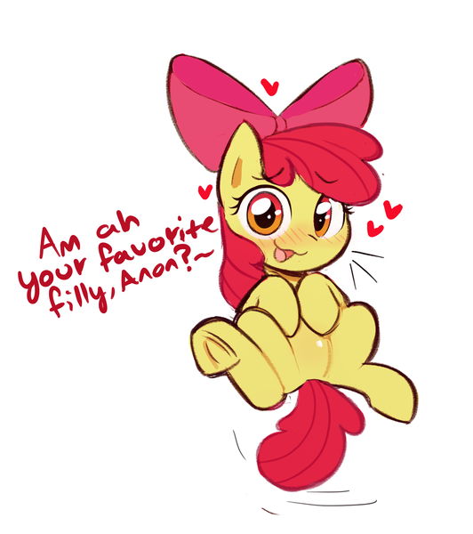 Size: 1360x1533 | Tagged: safe, artist:ccruelangel, derpibooru import, apple bloom, earth pony, pony, g4, :3, bow, female, filly, foal, heart, hooves, image, looking at you, orange eyes, png, question mark, raised hoof, red hair, solo, yellow body