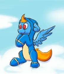 Size: 2092x2416 | Tagged: safe, artist:exobass, derpibooru import, oc, oc:samudash, unofficial characters only, pegasus, pony, cloud, image, jpeg, on a cloud, onesie, sitting, sitting on cloud, solo, spread wings, wings, wonderbolts