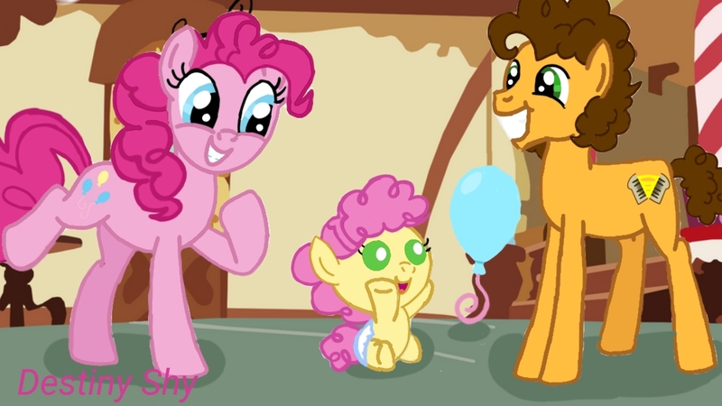 Size: 1024x576 | Tagged: safe, artist:destinyshymlp, derpibooru import, cheese sandwich, li'l cheese, pinkie pie, earth pony, pony, g4, the last problem, baby, baby pony, balloon, cheesepie, female, foal, image, jpeg, male, shipping, straight, sugarcube corner