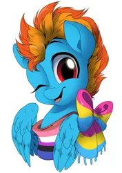 Size: 2480x3507 | Tagged: safe, artist:dormin-dim, derpibooru import, oc, oc:samudash, unofficial characters only, pegasus, pony, bust, genderfluid pride flag, image, jpeg, looking at you, one eye closed, pansexual pride flag, pride, pride flag, pride month, simple background, solo, white background, wink