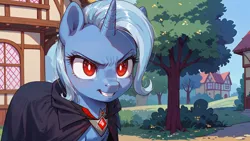 Size: 4416x2496 | Tagged: safe, ai content, derpibooru import, machine learning generated, prompter:bluetoothworld, trixie, pony, unicorn, g4, alicorn amulet, angry, cape, clothes, day, evil grin, female, grin, high res, horn, image, jpeg, mare, outdoors, ponyville, red eyes, smiling, solo, tree, wallpaper