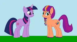 Size: 1366x756 | Tagged: safe, artist:marybethemberjoy49-1, derpibooru import, sunny starscout, twilight sparkle, earth pony, pony, unicorn, g4, g5, duo, duo female, female, image, mane stripe sunny, mare, png, sunny and her heroine, unicorn twilight