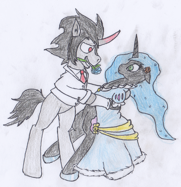 Size: 750x777 | Tagged: safe, artist:da52, derpibooru import, king sombra, nightmare moon, alicorn, pony, unicorn, g4, blue rose, clothes, dancing, dress, female, floppy ears, flower, flower in mouth, flower on ear, horn, image, male, mare, mouth hold, png, rose, rose in mouth, shipping, sombramoon, straight, suit, surprised face, traditional art, tuxedo, white suit, white tuxedo