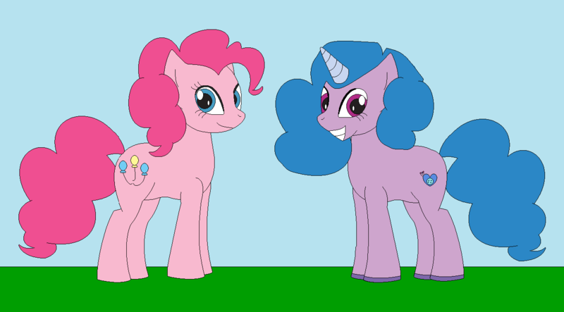 Size: 1366x756 | Tagged: safe, artist:marybethemberjoy49-1, derpibooru import, izzy moonbow, pinkie pie, earth pony, unicorn, g4, g5, female, horn, image, izzy and her heroine, png