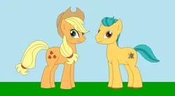 Size: 1366x756 | Tagged: safe, artist:marybethemberjoy49-1, derpibooru import, applejack, fluttershy, hitch trailblazer, g4, g5, female, hitch and his 2nd heroine, hitch and his heroine, image, male, png