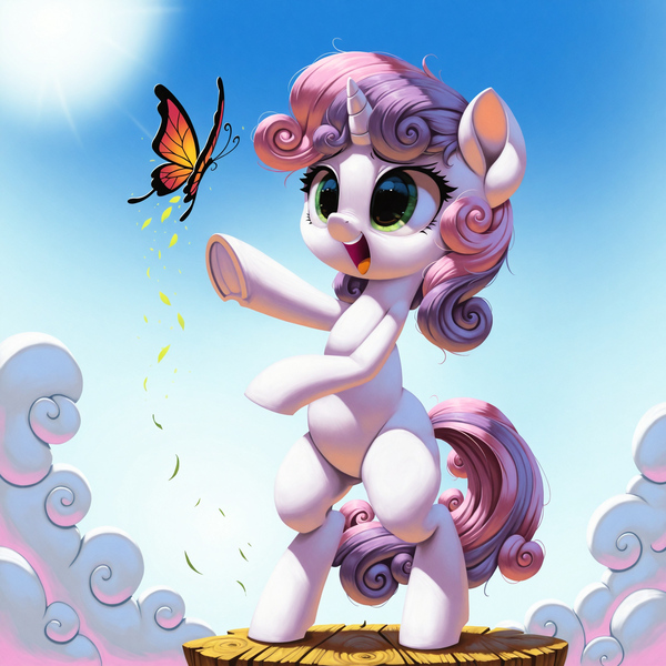 Size: 2048x2048 | Tagged: safe, ai content, anonymous prompter, derpibooru import, machine learning generated, stable diffusion, sweetie belle, butterfly, insect, pony, unicorn, g4, blank flank, blue sky, cloud, female, filly, foal, green eyes, happy, hooves, horn, image, jpeg, open mouth, reaching, solo, standing, sun, white coat