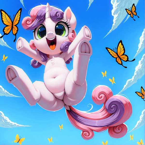 Size: 1736x1736 | Tagged: suggestive, ai content, anonymous prompter, derpibooru import, machine learning generated, stable diffusion, sweetie belle, butterfly, insect, pony, unicorn, g4, blue sky, cloud, featureless crotch, female, filly, foal, green eyes, happy, hooves, horn, image, jpeg, jumping, low angle, open mouth, plump, solo, spread legs, spreading, white coat