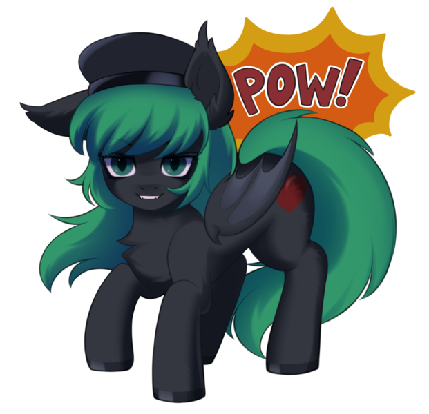 Size: 2014x1946 | Tagged: safe, artist:alunedoodle, derpibooru import, oc, oc:admiral valey, unofficial characters only, bat pony, pony, fanfic:the olden world, fangs, female, fighting stance, folded wings, hat, image, looking at you, png, simple background, smiling, smiling at you, solo, transparent background, wings