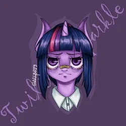 Size: 2048x2048 | Tagged: safe, artist:6hellboy9, derpibooru import, twilight sparkle, alicorn, pony, unicorn, g4, bust, female, horn, image, png, portrait, redesign, sad, solo, unicorn twilight