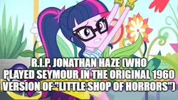 Size: 686x386 | Tagged: safe, derpibooru import, edit, edited screencap, editor:lord you know who, screencap, sci-twi, twilight sparkle, equestria girls, equestria girls series, g4, my little shop of horrors, image, in memoriam, little shop of horrors, my little pony equestria girls: better together, png, rest in peace