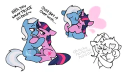 Size: 600x355 | Tagged: safe, artist:driftwoodpony, derpibooru import, trixie, twilight sparkle, pony, unicorn, g4, blush lines, blushing, duo, duo female, female, horn, image, kiss on the lips, kissing, lesbian, mare, png, shipping, simple background, sitting, sweat, twixie, unicorn twilight, white background