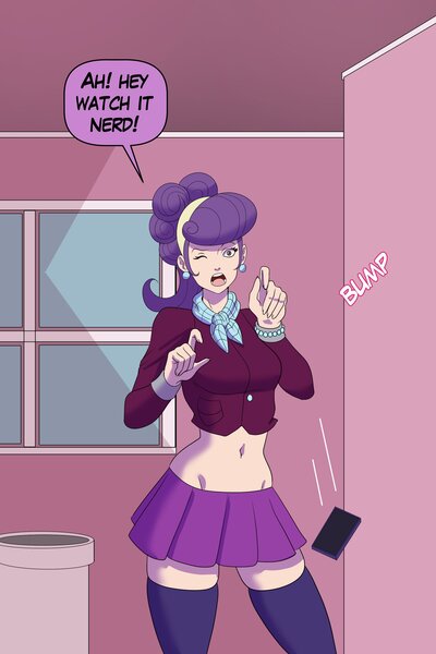 Size: 2000x3000 | Tagged: safe, artist:annon, derpibooru import, part of a set, suri polomare, human, equestria girls, g4, clothes, dialogue, image, jewelry, jpeg, midriff, miniskirt, phone, skirt, socks, stockings, thigh highs