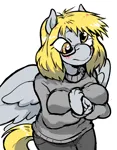 Size: 708x909 | Tagged: safe, artist:honkinghighblood, derpibooru import, derpy hooves, anthro, pegasus, g4, alternate hairstyle, big breasts, blush lines, blushing, breasts, busty derpy hooves, clothes, glasses, image, png, simple background, solo, sweater, sweater puppies, white background