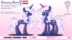 Size: 4500x2500 | Tagged: safe, artist:the_mpc, derpibooru import, oc, oc:gloaming sheen, unofficial characters only, pony, unicorn, color palette, colored, concave belly, cutie mark, dialogue, female, glow, glowing horn, high res, horn, image, lesbian pride flag, long mane, looking at you, magic, magic aura, mare, png, pride, pride flag, reference sheet, slender, solo, tall, thin, unshorn fetlocks