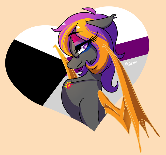 Size: 3039x2840 | Tagged: safe, artist:kaenn, derpibooru import, oc, oc:bright wings, unofficial characters only, bat pony, pony, bat pony oc, bat wings, bisexual pride flag, bust, concave belly, demisexual pride flag, eyebrows, eyebrows visible through hair, eyelashes, eyeshadow, female, high res, image, jewelry, lidded eyes, long eyelashes, looking at you, looking sideways, makeup, mare, necklace, partially open wings, passepartout, png, portrait, pride, pride flag, pride flag eyeshadow, side view, signature, simple background, slender, solo, sunset shimmer's cutie mark, thin, wings