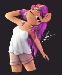 Size: 2942x3561 | Tagged: safe, artist:potato22, derpibooru import, sunny starscout, anthro, g5, alternate hairstyle, arm behind head, armpits, black background, blush lines, blushing, breasts, camisole, chromatic aberration, clothes, cute, date (time), eyebrows visible through hair, film grain, hand on head, happy, image, looking at you, loose hair, mane stripe sunny, no bra underneath, one eye closed, png, shorts, signature, simple background, smiling, solo, straps, sunnybetes, wink, winking at you