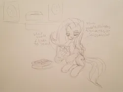 Size: 2048x1536 | Tagged: safe, artist:mcsplosion, derpibooru import, fluttershy, pegasus, pony, dialogue, female, holding, human to pony, image, jpeg, mare, noisecore, record, record player, sitting, sketch, solo, transformation