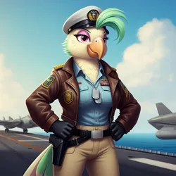 Size: 1024x1024 | Tagged: safe, ai content, derpibooru import, generator:google imagen 3.0, machine learning generated, prompter:zerowinger, captain celaeno, anthro, bird, parrot, series:g.i. pony: a real equestrian hero, g4, my little pony: the movie, admiral keel-haul, aircraft carrier, clothes, cosplay, costume, dog tags, female, g.i. joe, hand on hip, hat, image, jpeg, military uniform, outdoors, plane, smiling, solo, uniform