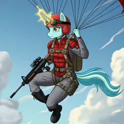 Size: 1024x1024 | Tagged: safe, ai content, derpibooru import, generator:google imagen 3.0, machine learning generated, prompter:zerowinger, anthro, plantigrade anthro, unicorn, series:g.i. pony: a real equestrian hero, assault rifle, clothes, cloud, cosplay, costume, crazy legs, female, g.i. joe, glow, glowing horn, goggles, gun, helmet, horn, image, jpeg, military uniform, outdoors, parachute, paratrooper, rifle, sky, smiling, solo, uniform, weapon