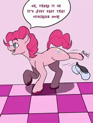 Size: 2160x2880 | Tagged: safe, artist:mcsplosion, derpibooru import, pinkie pie, earth pony, pony, female, fourth wall, high res, human to pony, image, indoors, jpeg, mare, open mouth, smiling, solo, speech bubble, transformation, transformation sequence, transgender transformation, undressing