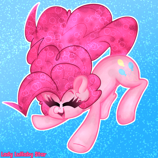 Size: 2000x2000 | Tagged: safe, artist:ladylullabystar, derpibooru import, pinkie pie, pony, abstract background, cute, dancing, diapinkes, ear fluff, eyelashes, eyes closed, female, happy, image, mare, open mouth, open smile, outline, png, signature, smiling, solo, sparkles, sparkly mane, sparkly tail