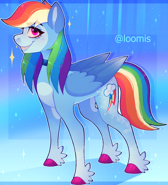 Size: 1064x1174 | Tagged: safe, artist:loomiiis, derpibooru import, rainbow dash, pegasus, pony, colored hooves, colored wings, colored wingtips, feathered fetlocks, female, grin, hooves, image, mare, png, signature, smiling, solo, wings