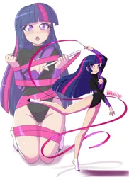 Size: 2219x3056 | Tagged: suggestive, artist:danmakuman, twilight sparkle, human, adorasexy, ballet slippers, blushing, boob window, breasts, cleavage, clothes, cute, embarrassed, gymnastics, high res, high-cut clothing, humanized, image, kneeling, legs, leotard, looking at you, open mouth, png, reasonably sized breasts, rhythmic gymnastics, ribbon, sexy, shadow, signature, simple background, smiling, socks, tangled up, toeless socks, underass