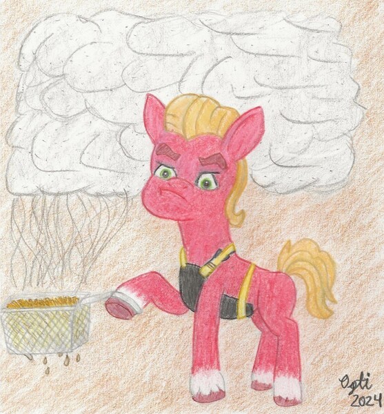 Size: 1102x1188 | Tagged: safe, artist:opti, derpibooru import, sprout cloverleaf, earth pony, pony, g5, apron, clothes, food, french fries, frown, image, jpeg, male, mcdonald's, smoke, stallion, traditional art, unamused