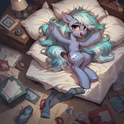 Size: 2048x2048 | Tagged: safe, ai content, derpibooru import, generator:autismmixpony, machine learning generated, prompter:frzwt, oc, unofficial characters only, pony, bed, bedroom, female, image, laying on bed, lying down, messy mane, on bed, png