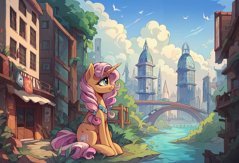 Size: 4864x3328 | Tagged: safe, ai content, derpibooru import, generator:autismmixpony, machine learning generated, prompter:frzwt, oc, unofficial characters only, pony, building, city, female, image, png, river, sitting, water