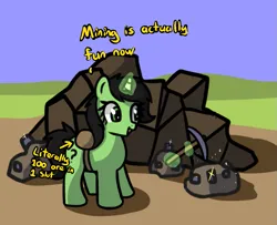 Size: 897x728 | Tagged: safe, artist:neuro, derpibooru import, oc, oc:anonfilly, unofficial characters only, pony, unicorn, dialogue, female, filly, horn, image, levitation, magic, mining, outdoors, pickaxe, png, rock, runescape, solo, telekinesis