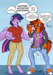 Size: 2480x3507 | Tagged: safe, artist:mcsplosion, derpibooru import, twilight sparkle, twilight sparkle (alicorn), oc, oc:acesential, oc:painterly flair, alicorn, anthro, unguligrade anthro, unicorn, book, dialogue, duo, extortion, female, high res, horn, human to anthro, image, png, shrinking, transformation