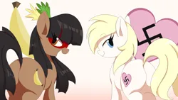 Size: 4238x2392 | Tagged: safe, artist:spoonie, derpibooru import, oc, oc:aryanne, oc:kuruminha, ponified, unofficial characters only, earth pony, pony, aryan pony, ass, banana, bedroom eyes, brazil, brazilian portuguese, butt, cutie mark, duo, duo female, female, food, image, large butt, looking back, mare, nation ponies, nazi, png, seductive, sexy, simple background, smiling, swastika