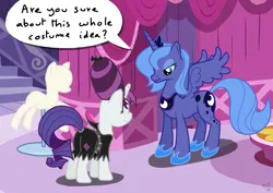 Size: 2338x1653 | Tagged: safe, artist:blackcat, derpibooru import, princess luna, rarity, alicorn, bat, pony, unicorn, g4, luna eclipsed, carousel boutique, clothes, costume, deleted scene, duo, duo female, female, horn, image, mannequin, mare, mlp fim's fourteenth anniversary, nightmare night, png, s1 luna, show accurate, speech bubble, spikes, text