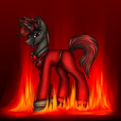 Size: 3000x3000 | Tagged: safe, derpibooru import, oc, oc:decline, oc:delight, unofficial characters only, pony, shadow pony, unicorn, fallout equestria, business suit, clothes, cufflinks, fallout equestria: mayday, fire, horn, image, looking at you, magic, necktie, png, red background, red eyes, shirt, sideburns, simple background, smiling, smiling at you, solo, suit