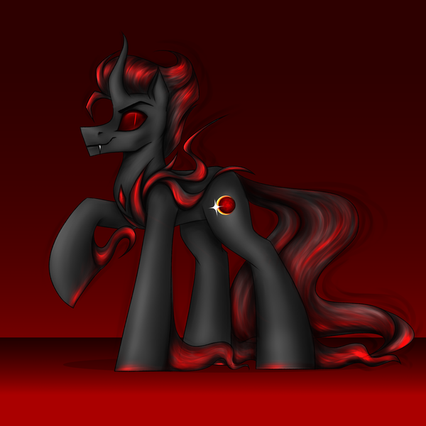 Size: 3000x3000 | Tagged: safe, artist:darklight1315, derpibooru import, pony of shadows, oc, oc:catharsis, unofficial characters only, pony, fallout equestria, g4, curved horn, cutie mark, fallout equestria: mayday, fangs, gradient background, horn, image, long tail, male, png, raised hoof, red background, red eyes, simple background, smiling, solo, stallion, tail