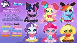 Size: 2400x1350 | Tagged: safe, artist:sparkytopia, derpibooru import, applejack, fluttershy, pinkie pie, rainbow dash, rarity, twilight sparkle, alicorn, earth pony, pony, unicorn, g4, clothes, costume, crossover, female, hello kitty, horn, image, kuromi, mare, multiple ponies, my melody, plushie, png, pochacco, pompompurin, sanrio, tuxedo sam, youtooz, youtooz mlp design competition