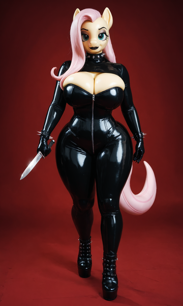 Size: 1536x2560 | Tagged: questionable, ai content, alternate version, derpibooru import, machine learning generated, stable diffusion, fluttershy, anthro, g4, 3d, bdsm, big breasts, bodysuit, boots, breasts, busty fluttershy, catsuit, clothes, curvy, female, generator:pony diffusion v6 xl, goth, gothic, high heel boots, image, knife, latex, latex suit, makeup, murderer, murdershy, png, prompter:inky heart, rubber, rubber suit, seductive look, shoes, solo, solo female, wide hips, wingless