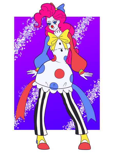 Size: 1030x1366 | Tagged: safe, artist:feralroku, derpibooru import, pinkie pie, human, g4, bow, clothes, clown, clown makeup, clown nose, costume, dressuptober, dressuptober2024, hair bow, halloween, halloween 2024, holiday, humanized, image, mlp fim's fourteenth anniversary, passepartout, png, red nose, smiling, solo