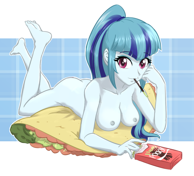 Size: 860x780 | Tagged: questionable, anonymous editor, artist:ta-na, artist:ta-na edits, derpibooru import, edit, sonata dusk, g4, barefoot, breasts, feet, female, food, image, looking at you, nipples, nude edit, nudity, png, pocky, solo, solo female, taco