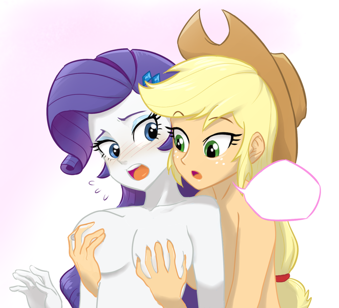 Size: 1230x1115 | Tagged: questionable, anonymous editor, artist:ta-na, artist:ta-na edits, derpibooru import, edit, edited edit, applejack, rarity, equestria girls, applejack's hat, blush lines, blushing, breast grab, breasts, cowboy hat, cutie mark hair accessory, female, freckles, grope, hairtie, hat, image, lesbian, nipples, nude edit, nudity, open mouth, png, rarijack, shipping, shocked expression, simple background, speech bubble, white background