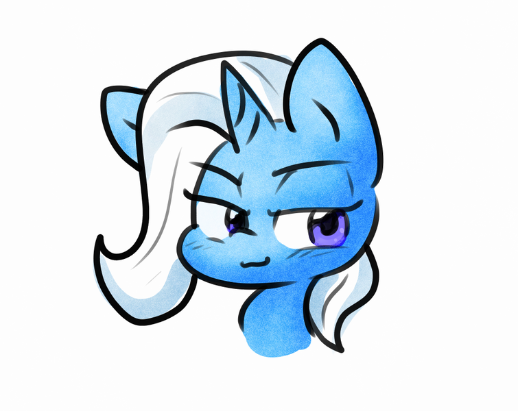 Size: 983x781 | Tagged: safe, artist:zutcha, derpibooru import, trixie, pony, unicorn, g4, :3, bust, female, horn, image, lidded eyes, mare, png, simple background, solo, white background