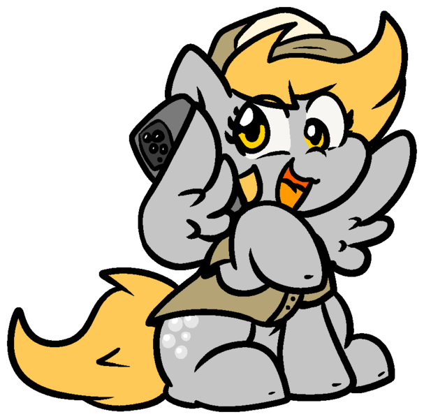 Size: 903x893 | Tagged: safe, artist:zutcha, derpibooru import, derpy hooves, pegasus, pony, g4, cute, derpabetes, female, image, mailmare uniform, mare, mobile phone, open mouth, open smile, outline, phone, png, simple background, sitting, smartphone, smiling, solo, transparent background, white outline, wing hold, wings