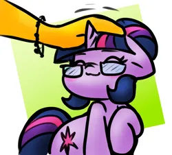 Size: 840x759 | Tagged: safe, artist:zutcha, derpibooru import, sci-twi, sunset shimmer, twilight sparkle, human, pony, unicorn, equestria girls, g4, bracelet, cute, duo, duo female, equestria girls ponified, eyes closed, female, glasses, hair bun, head pat, horn, image, jewelry, mare, offscreen character, passepartout, pat, png, pony pet, smiling, twiabetes, unicorn sci-twi