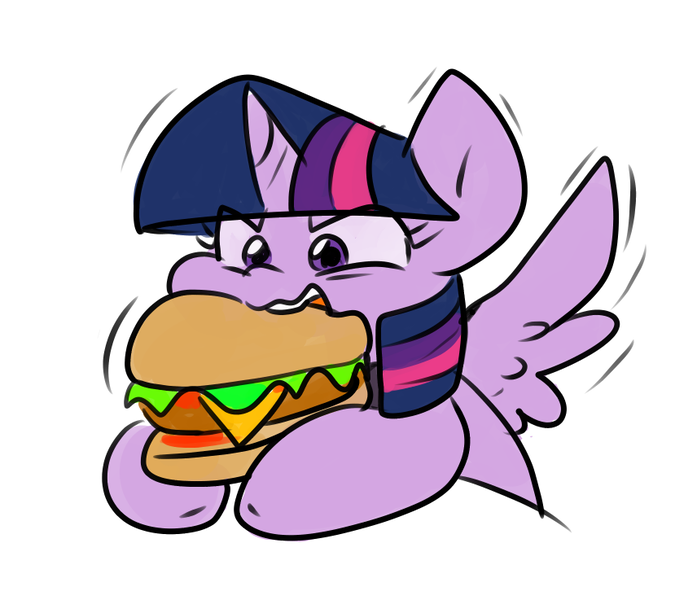 Size: 856x737 | Tagged: safe, artist:zutcha, derpibooru import, twilight sparkle, twilight sparkle (alicorn), alicorn, pony, g4, burger, bust, eating, female, food, giant food, image, mare, motion lines, png, simple background, solo, that pony sure does love burgers, twilight burgkle, white background