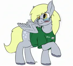 Size: 2680x2436 | Tagged: safe, artist:mcsplosion, derpibooru import, derpy hooves, pegasus, pony, g4, blushing, clothes, female, frown, glasses, high res, human to pony, image, jpeg, mare, post-transformation, raised hoof, shirt, simple background, t-shirt, transformation, white background