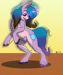 Size: 2480x2984 | Tagged: safe, alternate version, artist:mcsplosion, derpibooru import, izzy moonbow, human, pony, unicorn, g5, glow, glowing horn, high res, horn, human to pony, image, jpeg, looking down, smiling, solo, transformation